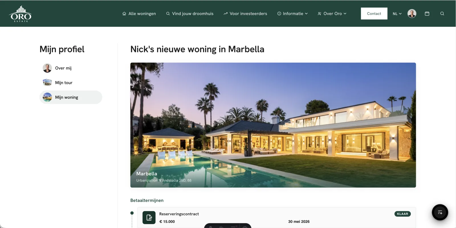 Het Oro-portaal met de pagina “Mijn woning”: foto van de woning in Marbella, betaaltermijnen en de status van de aankoop.